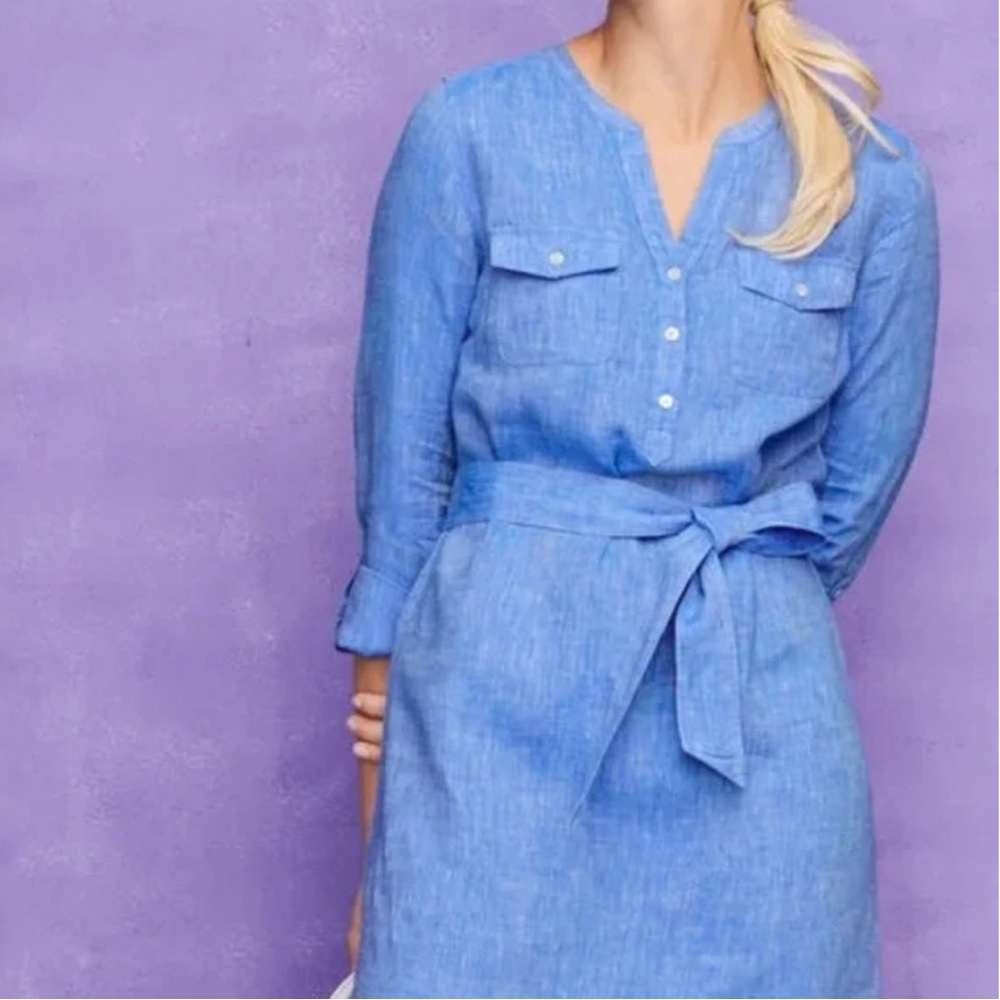 Quiet Luxury Talbots Blue Long Sleeve V-Neck Dress 100% Linen